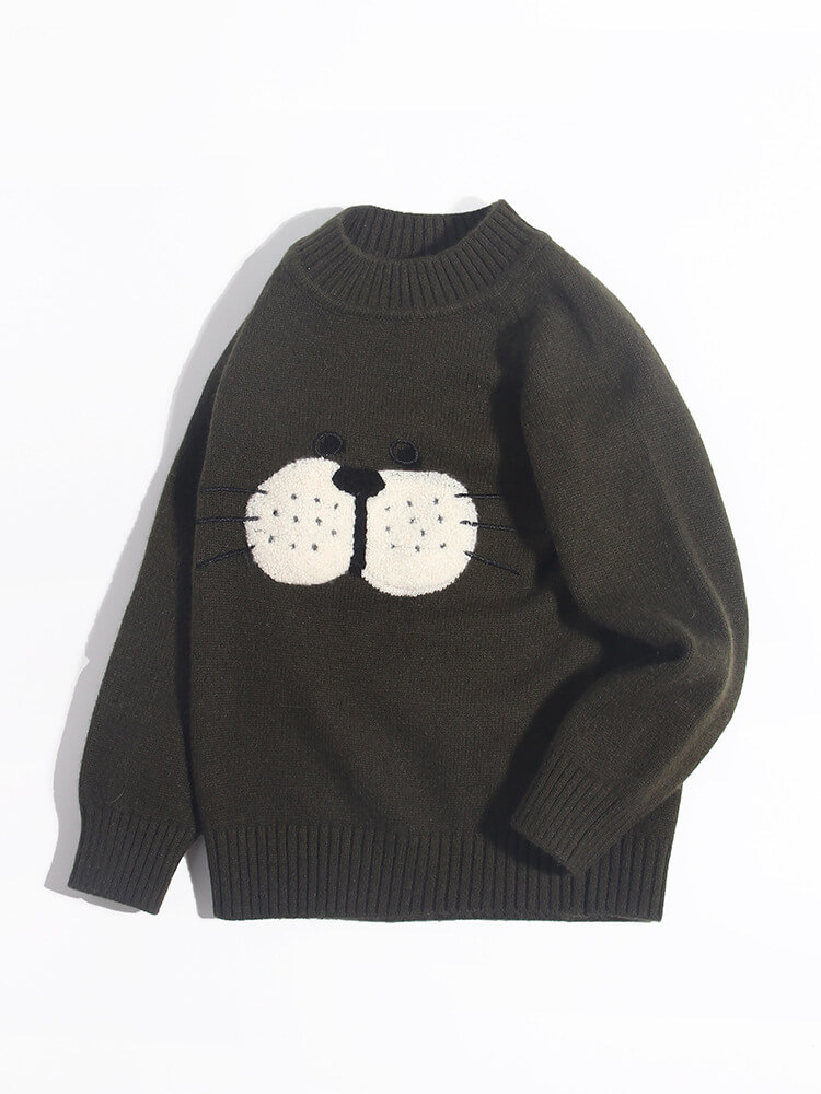 Kids Cute Whiskered Animal Face Olive Green Cashmere Sweater